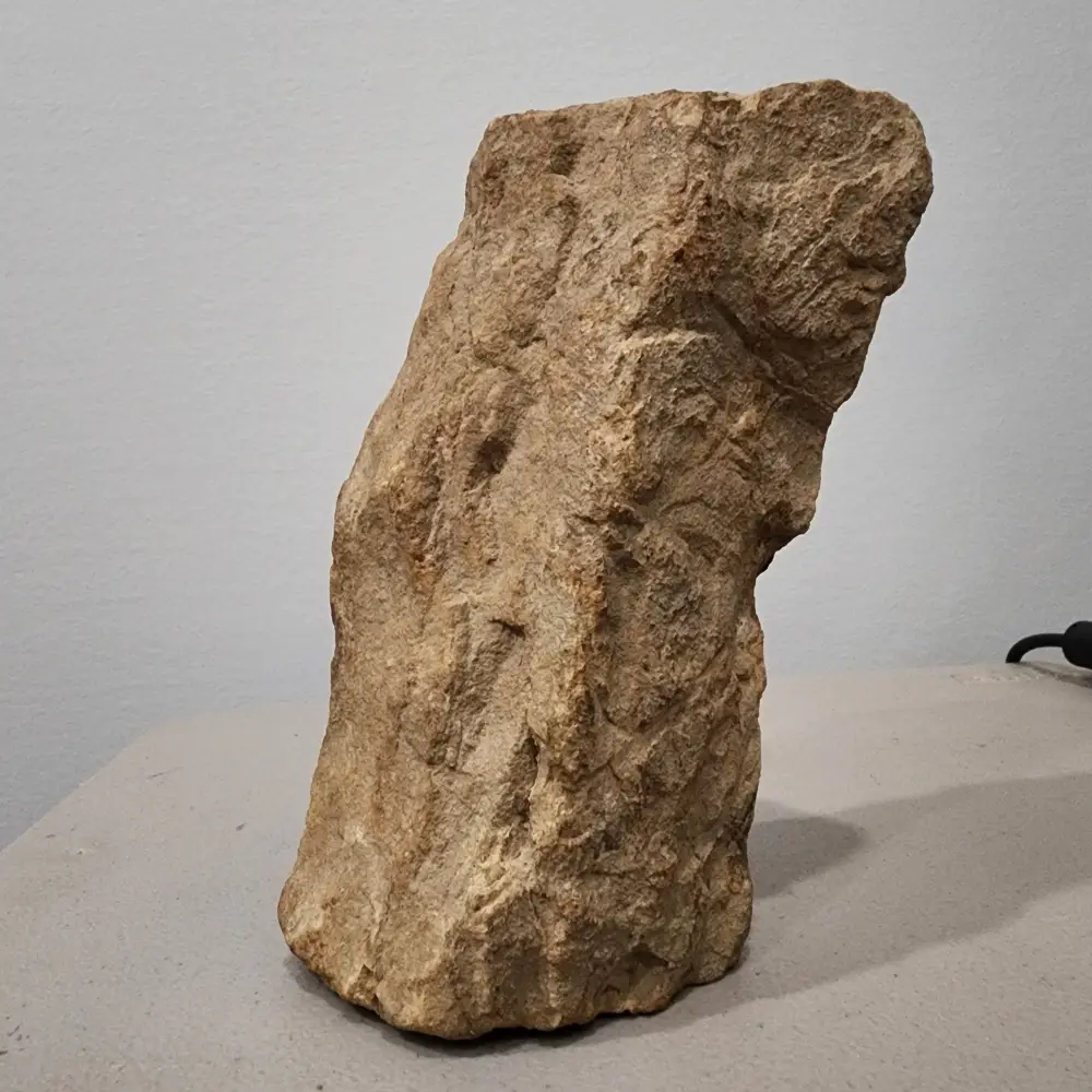 Rugged beige rock specimen standing upright on a gray table against a pale wall.
